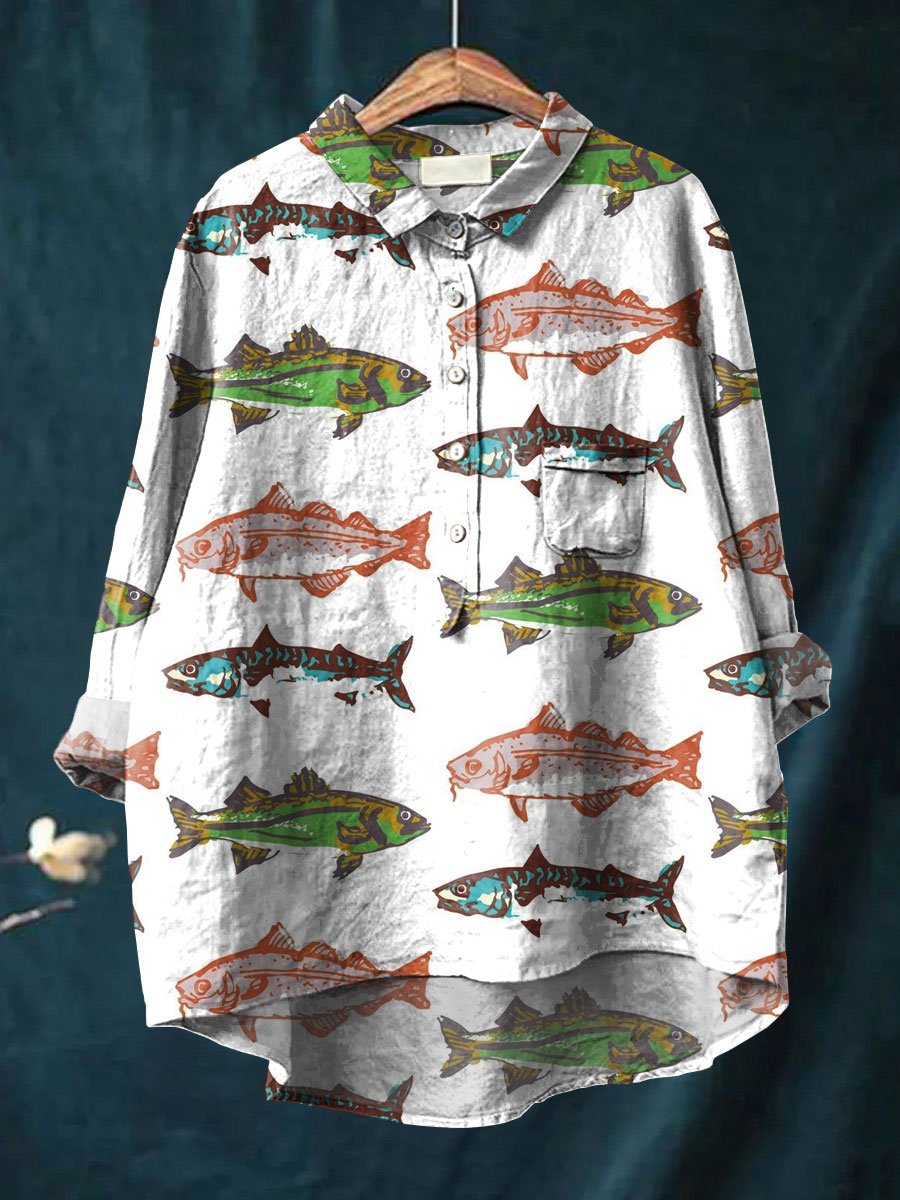 Women's Fish Art Print Casual Cotton And Linen Shirt