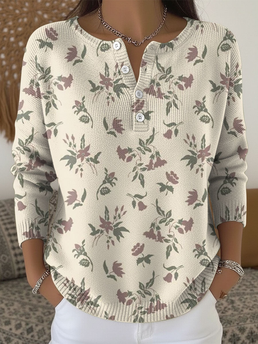 Flower Pattern Art Print Buttoned Cardigan Sweater