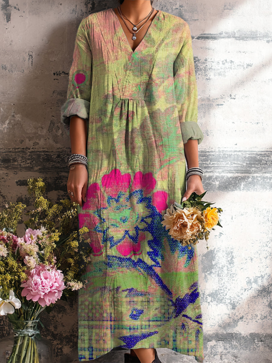 Women's Beautiful Vintage Large Flower Painting Art Print Dress
