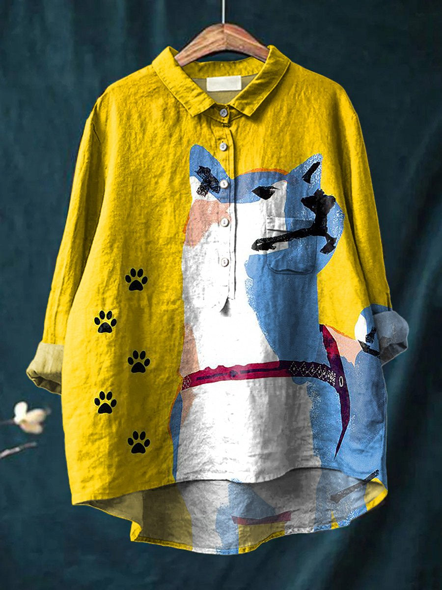 Shiba Inu Dog Graphic Printed Women's Casual Cotton And Linen Shirt