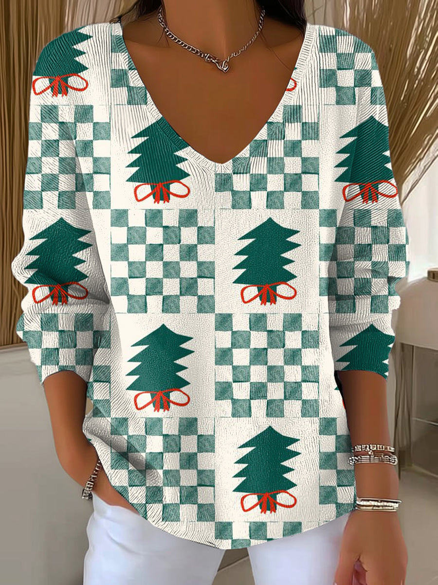 Women's Winter Christmas Tree Plaid Painting Art Print Casual Pullover Sweater