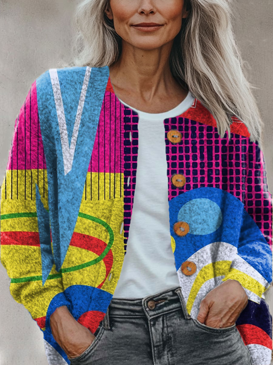 colorful-bold-fun-abstract-geometric-multicolor-print-buttoned-cardigan-sweater