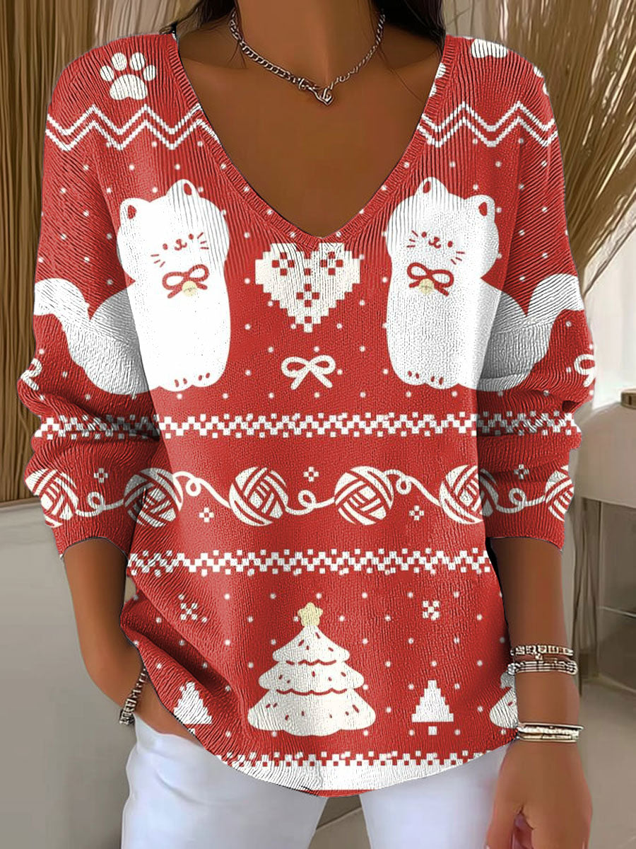 Women's Christmas Tree Cat Pattern Print Casual Pullover Sweater