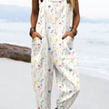 Women's Vintage Flower Art Print Casual 100% Cotton Wide Leg Jumpsuit