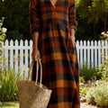 Women's Vintage  Plaid Art Print Linen Pocket Tunic Dress
