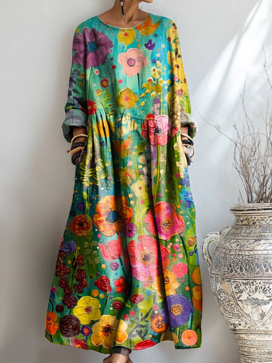 Women's Abstract Colorful Floral Painting Art Print Pocket Cotton Dress