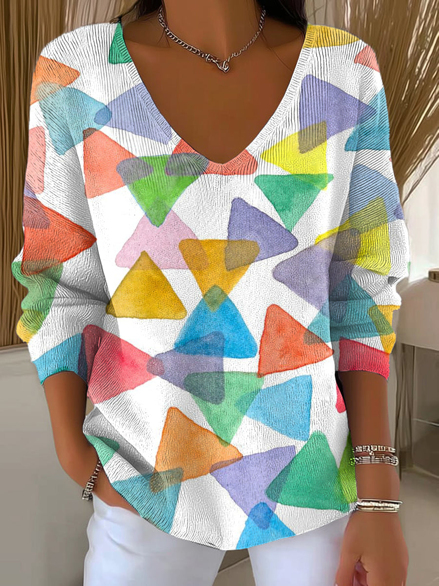 Women's Beautiful Colorful Triangle Painting Art Print Casual Pullover Sweater