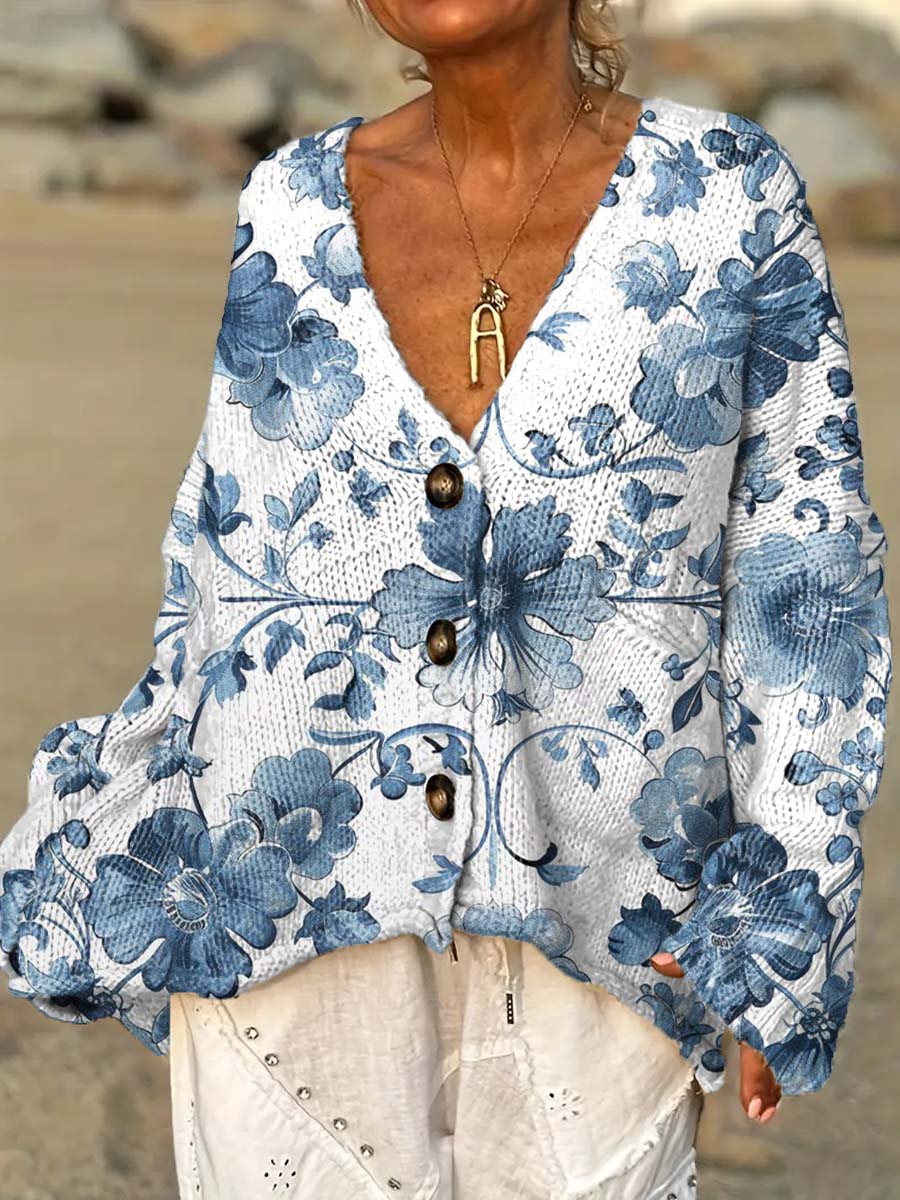 womens-blue-art-watercolour-flowers-casual-pullover-sweater