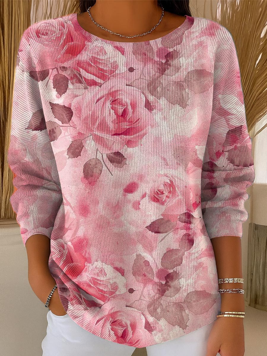 Women's Vintage Floral Art Print Casual Pullover Sweater