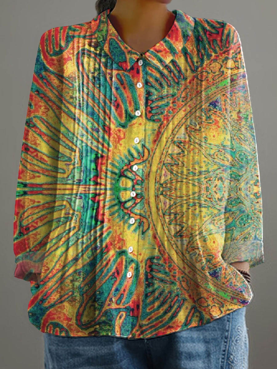 Women's Vintage Pattern Art Print Casual Cotton And Linen Ruffle Shirt