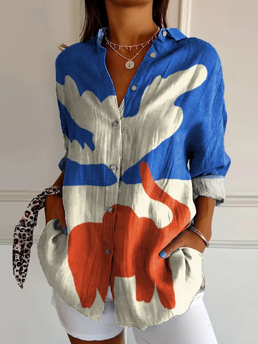 Women's Vintage Color Block Art Print Casual Cotton Shirt