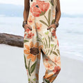 Women's Vintage Art Flower Print Casual 100% Cotton Wide Leg Jumpsuit