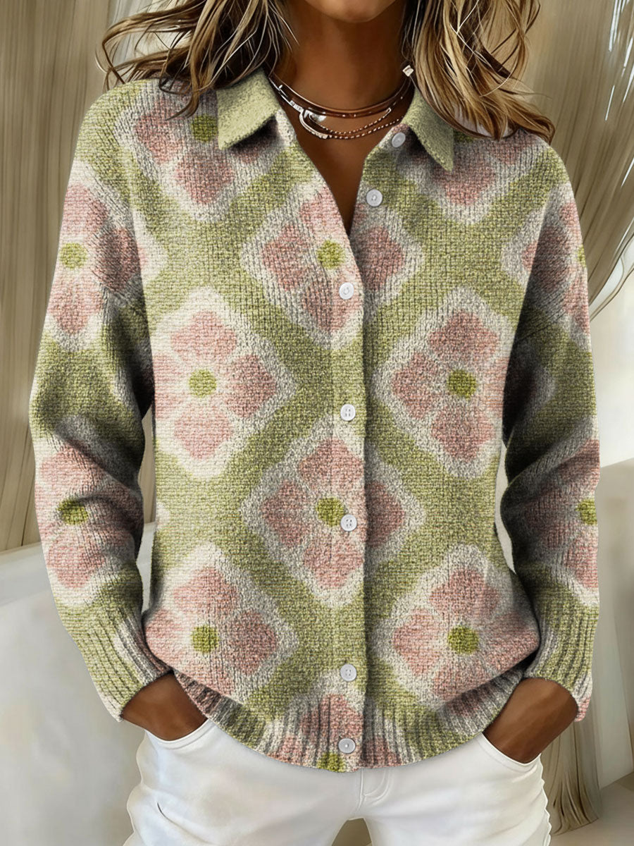 Women's Flowers Retro Splicing Gradient Pattern Print Cowl Neck Sweater