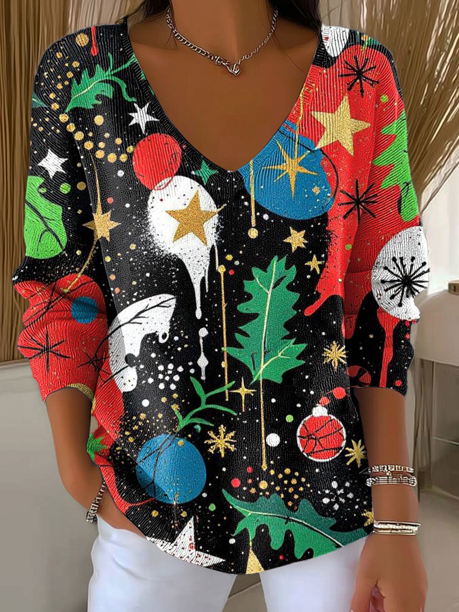 Women's Christmas Graffiti Pattern Print Casual Pullover Sweater