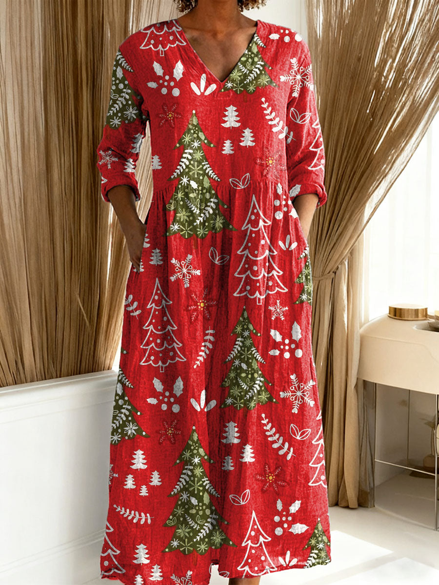 Women's Christmas Tree Art Print Casual Cotton Linen Pocket Dress