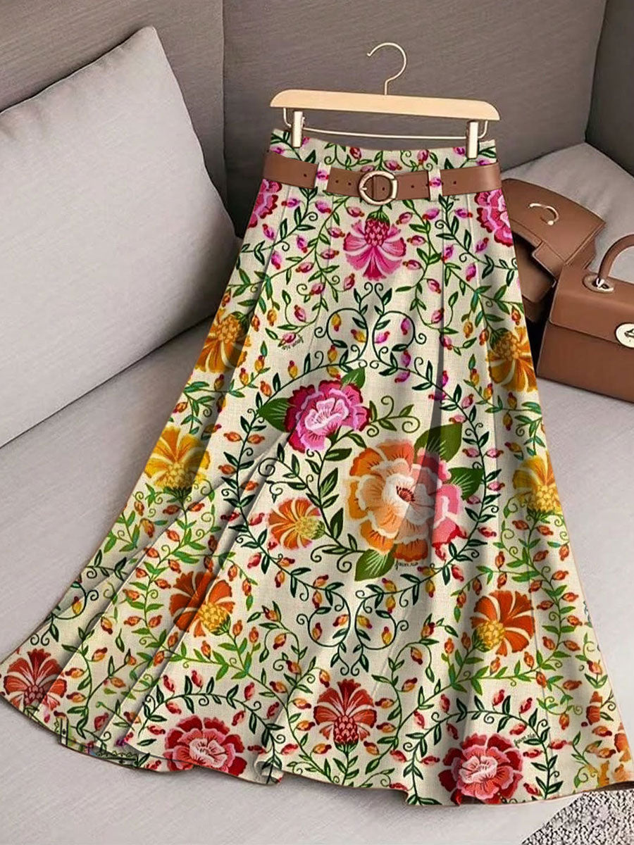 Women's Vintage Flower  Art Print Cotton Skirt