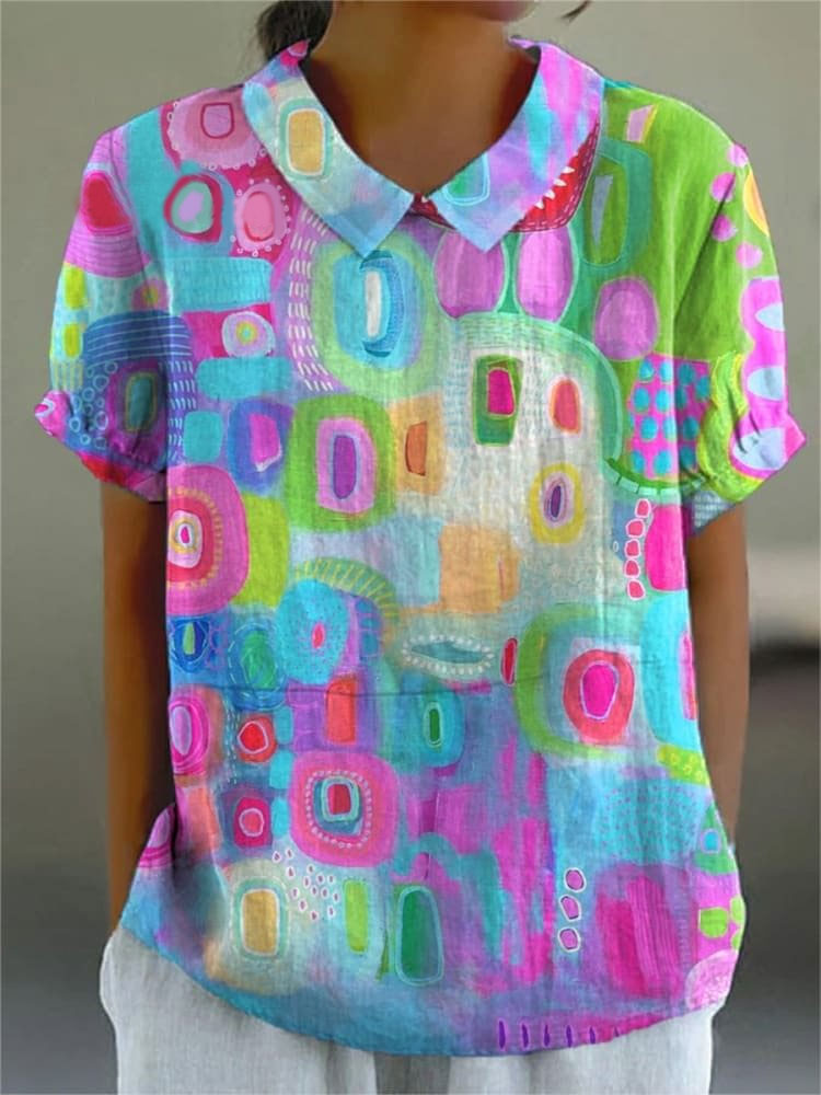 Vibrant Abstract Art Printed Women's Casual Cotton And Linen Shirt