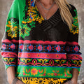 Beautiful Colorful Ethnic Geometric Floral Stripe Art Print Knit V-neck Pullover Sweater