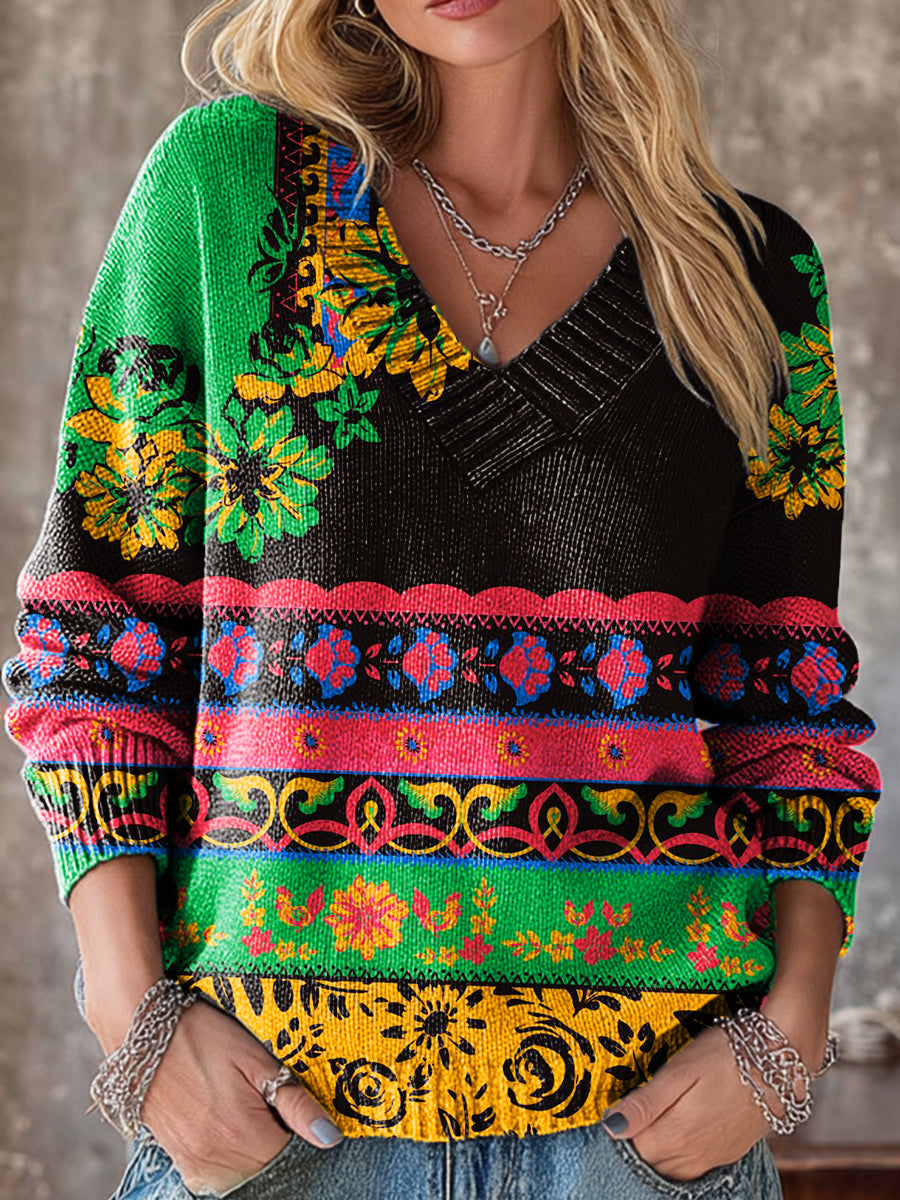 Beautiful Colorful Ethnic Geometric Floral Stripe Art Print Knit V-neck Pullover Sweater