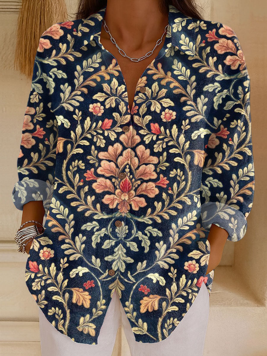 Women's  Vintage Flower Art Print Casual Cotton Shirt