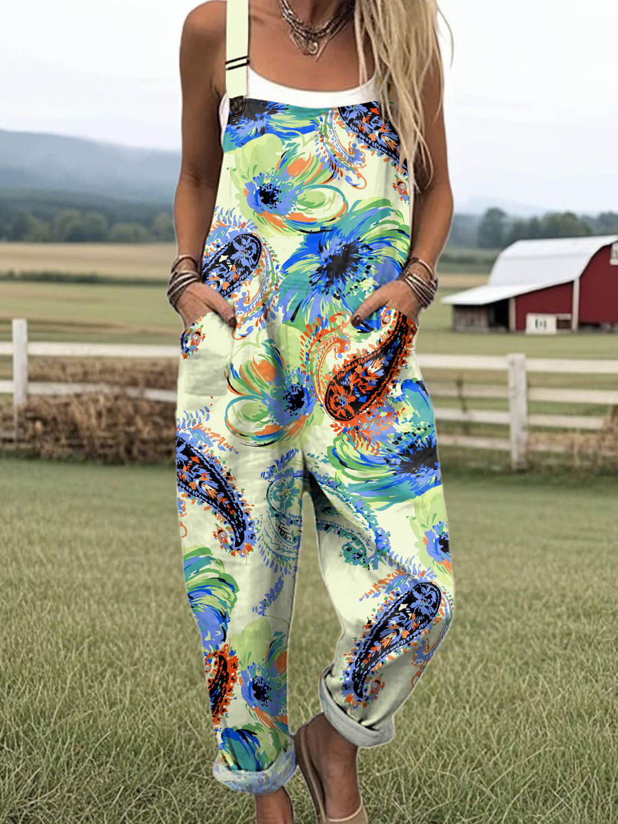 Women's Vintage Pattern Art Print Casual 100% Cotton Wide Leg Jumpsuit