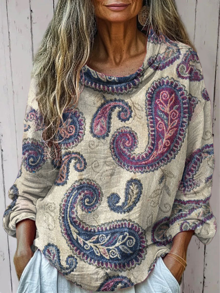 Women's  Vintage Cashew Flower Art Print Casual Long Sleeve Comfortable Cotton Shirt