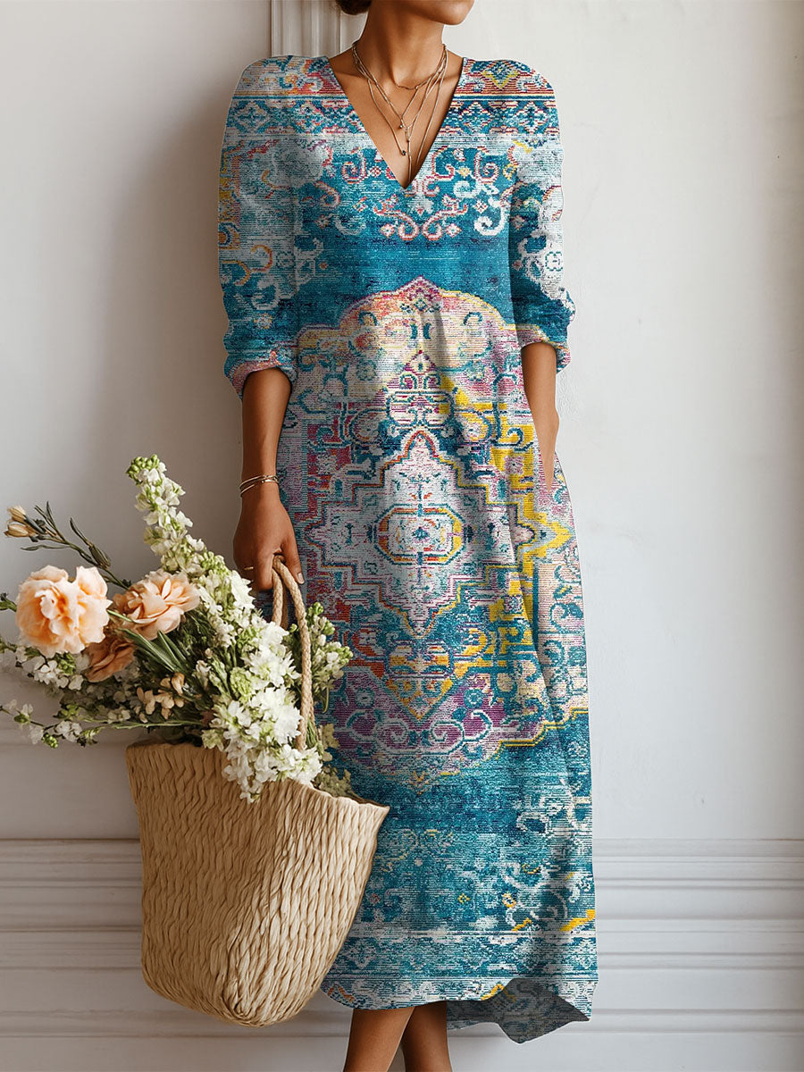 Women's Vintage Pattern Art Print Linen Pocket Dress