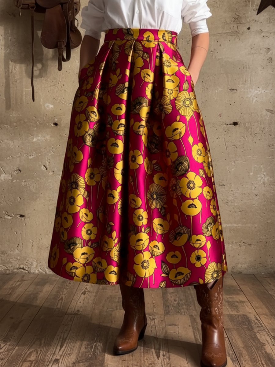 Women's Vintage Pleated Floral Print Skirt