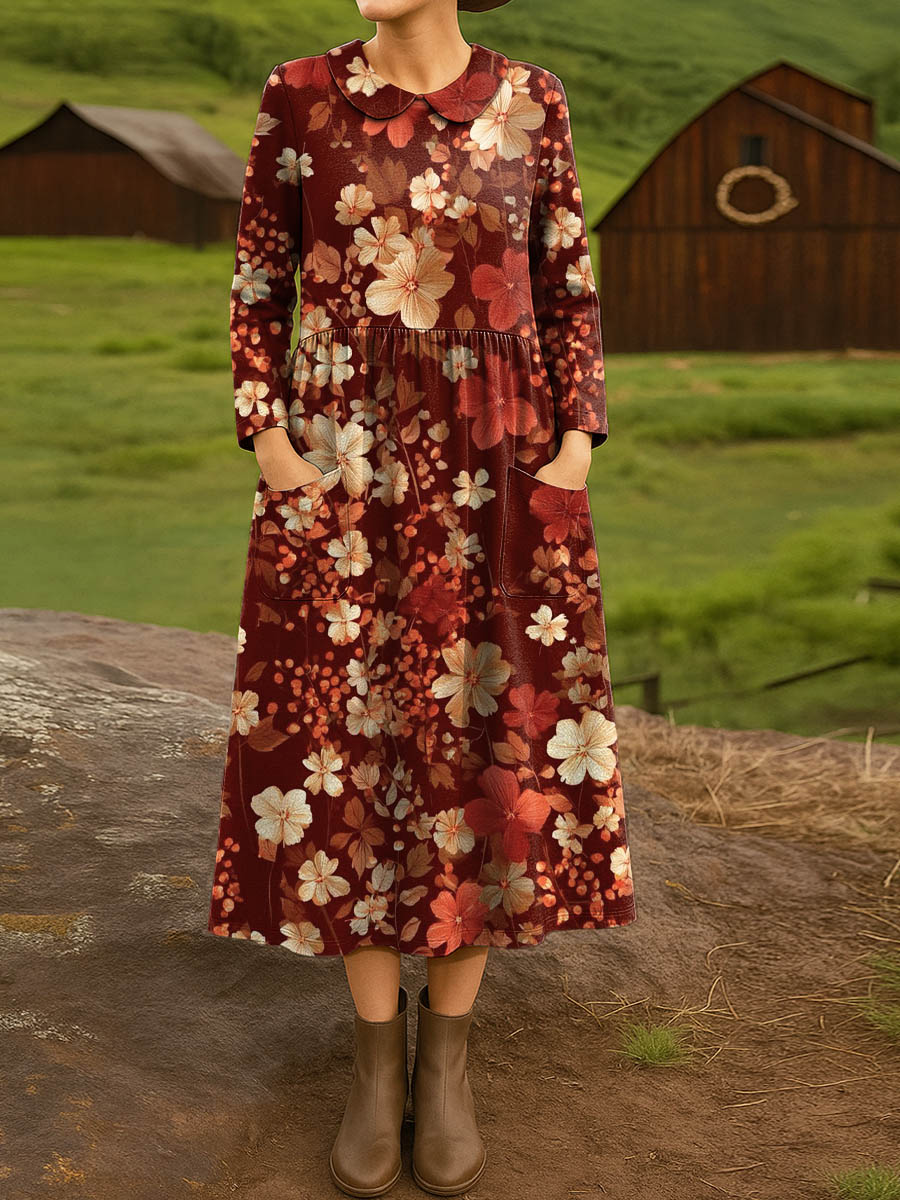 Women's Vintage Floral Art Print Cotton Lapel Shirt Dress