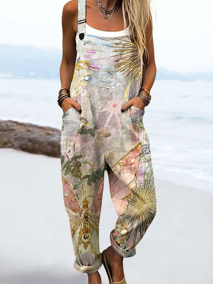 Women's Vintag Abstract Floral Romantic Art Print Casual 100% Cotton Wide Leg Jumpsuit
