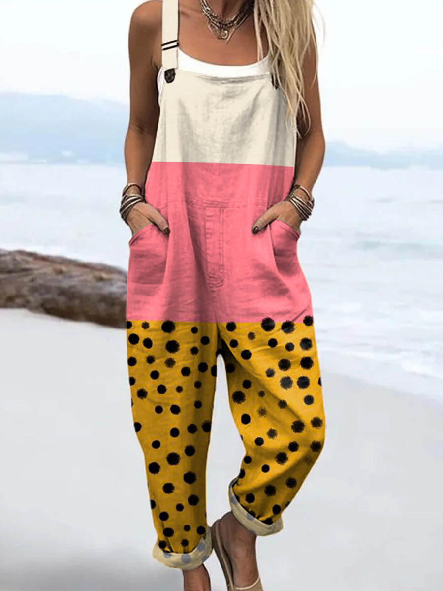 Women's Abstract Dot Pattern Art Print Casual 100% Cotton Wide Leg Jumpsuit