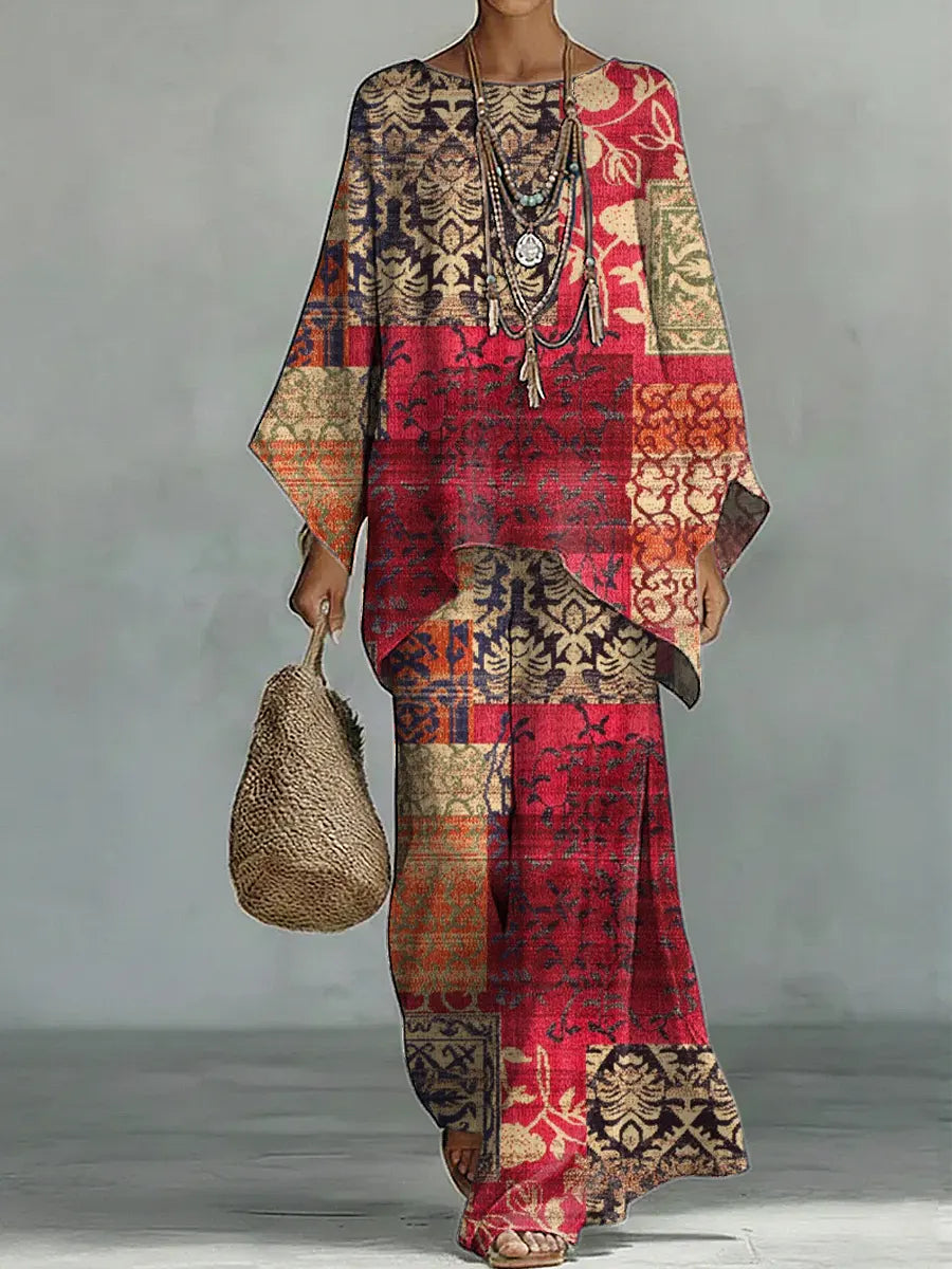 Women's Vintage Ethnic Floral Art Comfortable Loose Cotton Linen Wide-leg Pants Two-piece Set