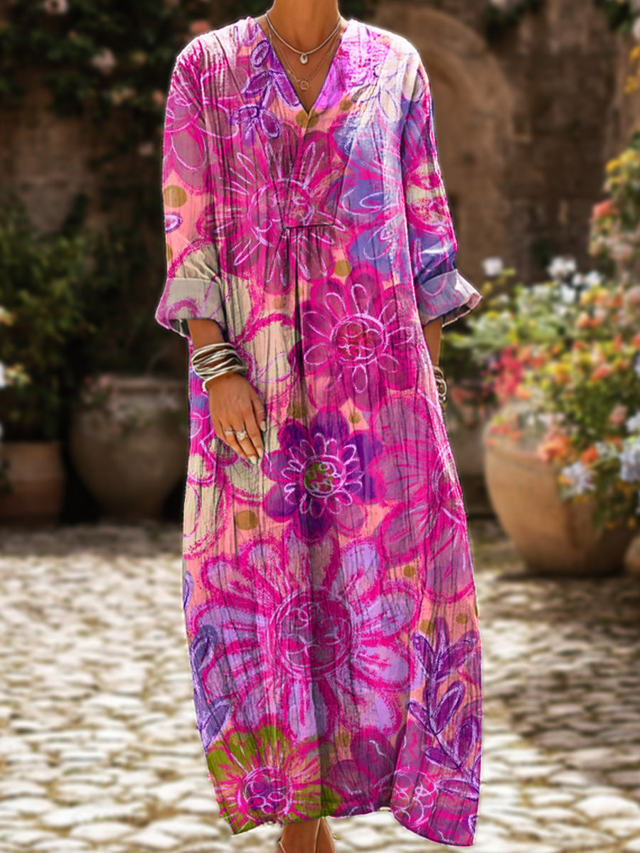 Women's Colorful Large Flower Painting Art Print Dress