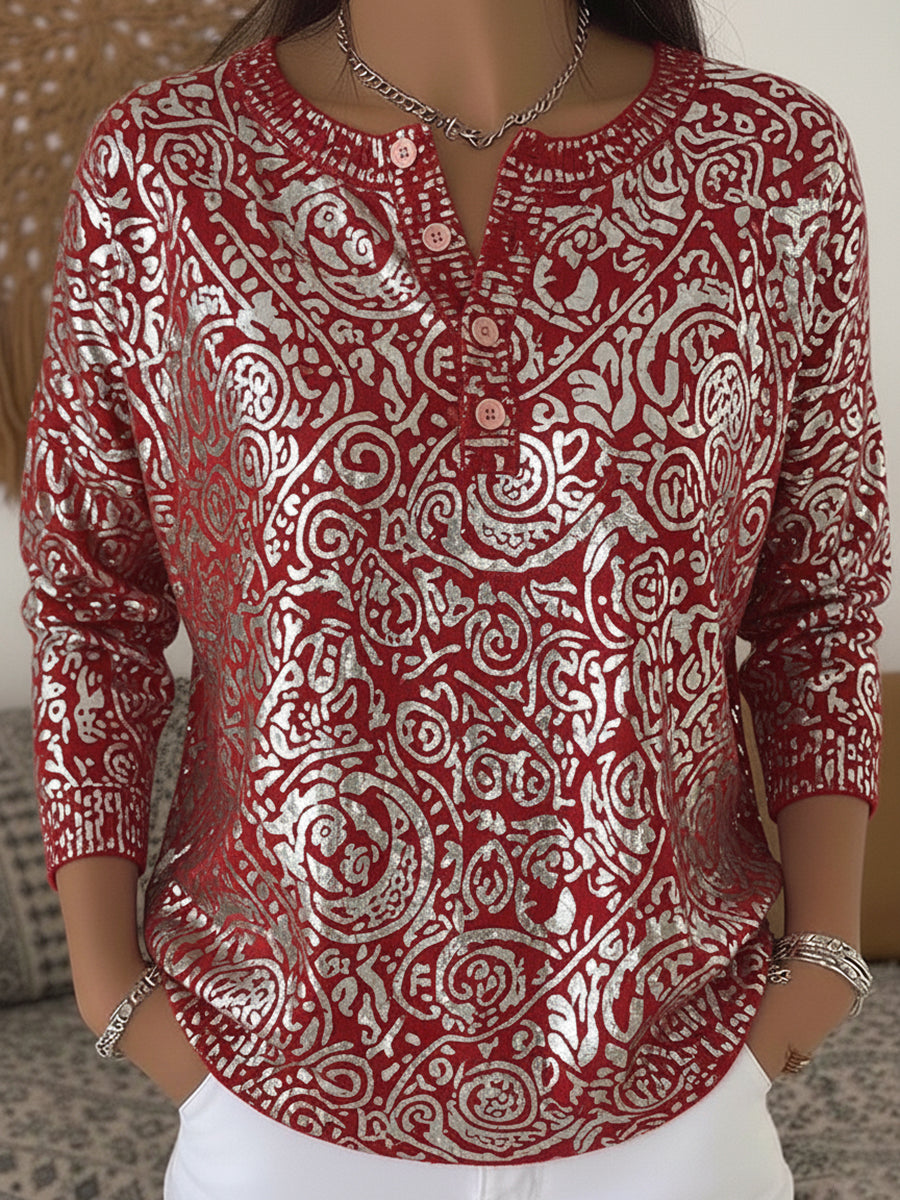 Vintage Totem Print Henley Neck Sweater Top