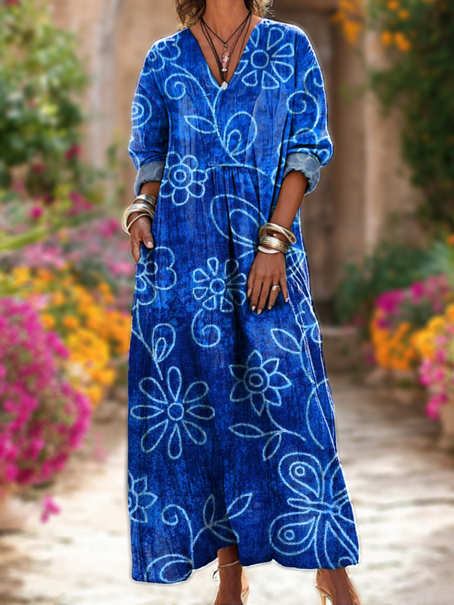 Women's Blue Abstract Floral Line Drawing Art Print Dress