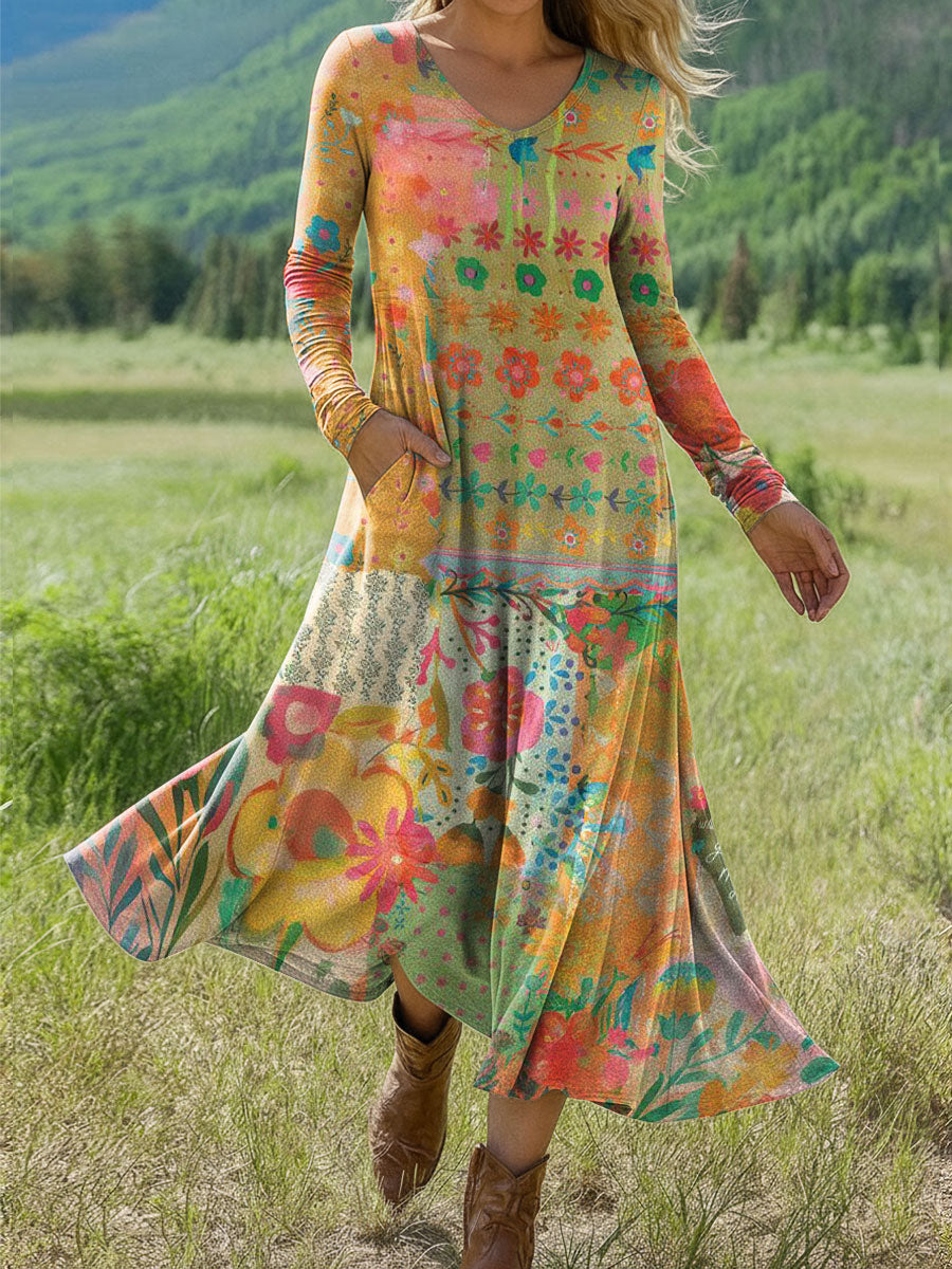 Women's Boho Floral Print Art Print Long-sleeved Dress