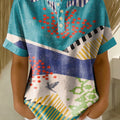 Retro Color-block Patchwork Print Loose-fit Cotton-linen Short-sleeve Shirt