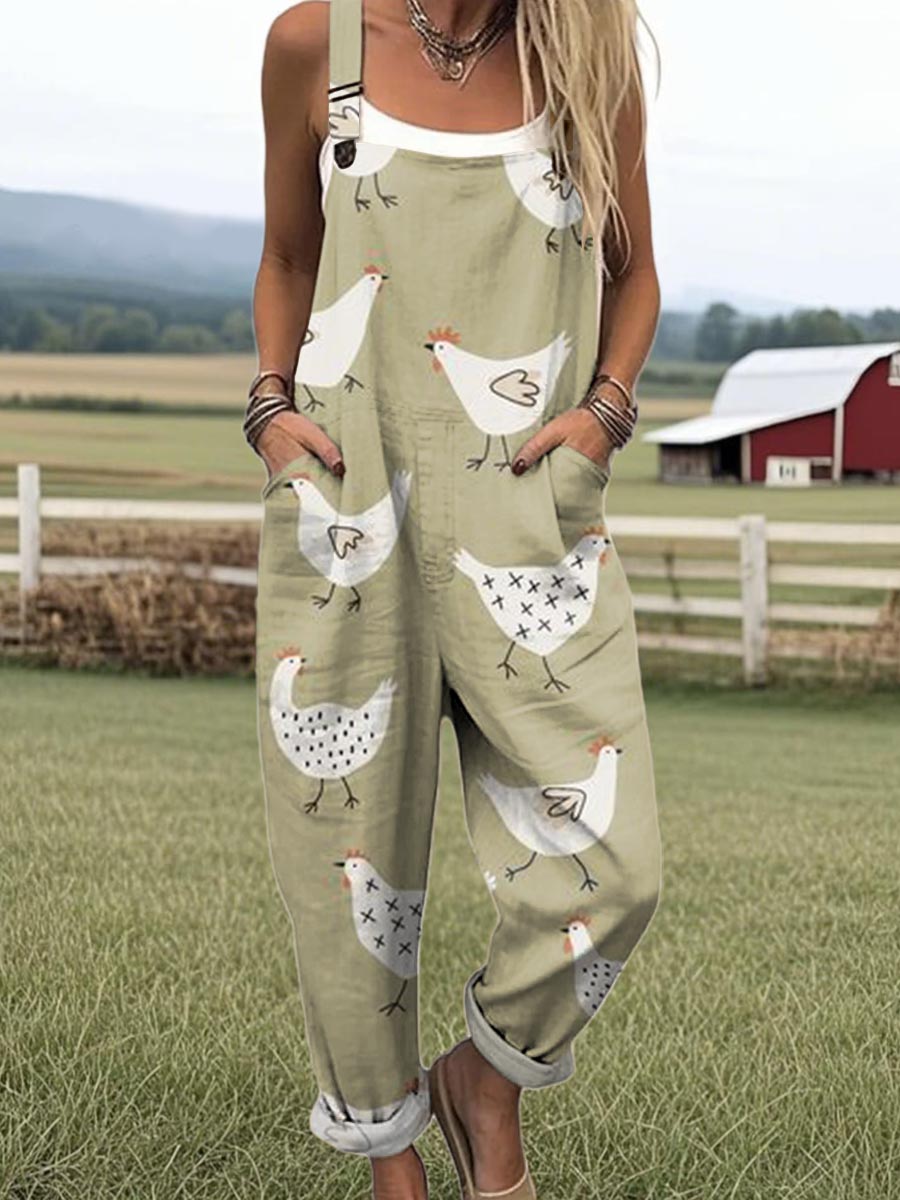 Women's Fun Creative Farm Chick Print Casual 100% Cotton Wide Leg Jumpsuit