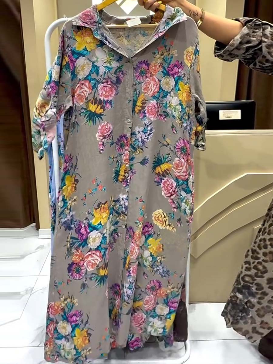 Women's Shirt Collar 3/4 Sleeves Vintage Print Casual Pocket Cotton and Linen Shirt Dress
