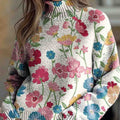 Women's Artistic Creative Flowers Print Knit Turtleneck Pullover Sweater