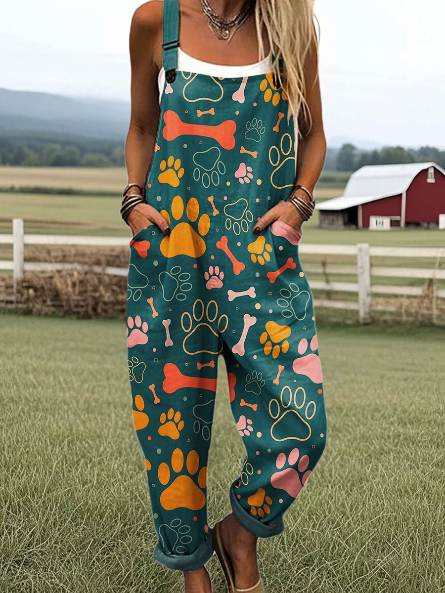 Women's Colorful Bone Pattern Art Print Casual 100% Cotton Wide Leg Jumpsuit