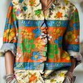 Women's Vintage Ethnic Geometric Floral Painting Art Print Casual Cotton And Linen Ruffle Shirt