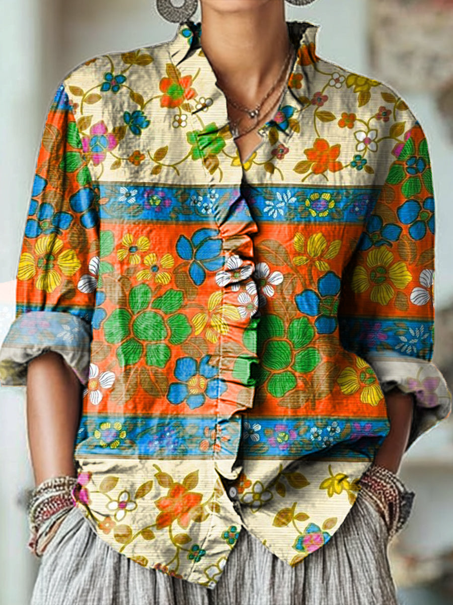 Women's Vintage Ethnic Geometric Floral Painting Art Print Casual Cotton And Linen Ruffle Shirt