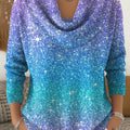 Women's Shiny Gradient Color Art Print Cowl Neck Sweater