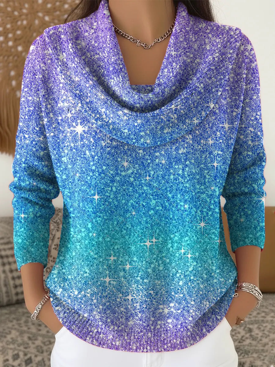 Women's Shiny Gradient Color Art Print Cowl Neck Sweater