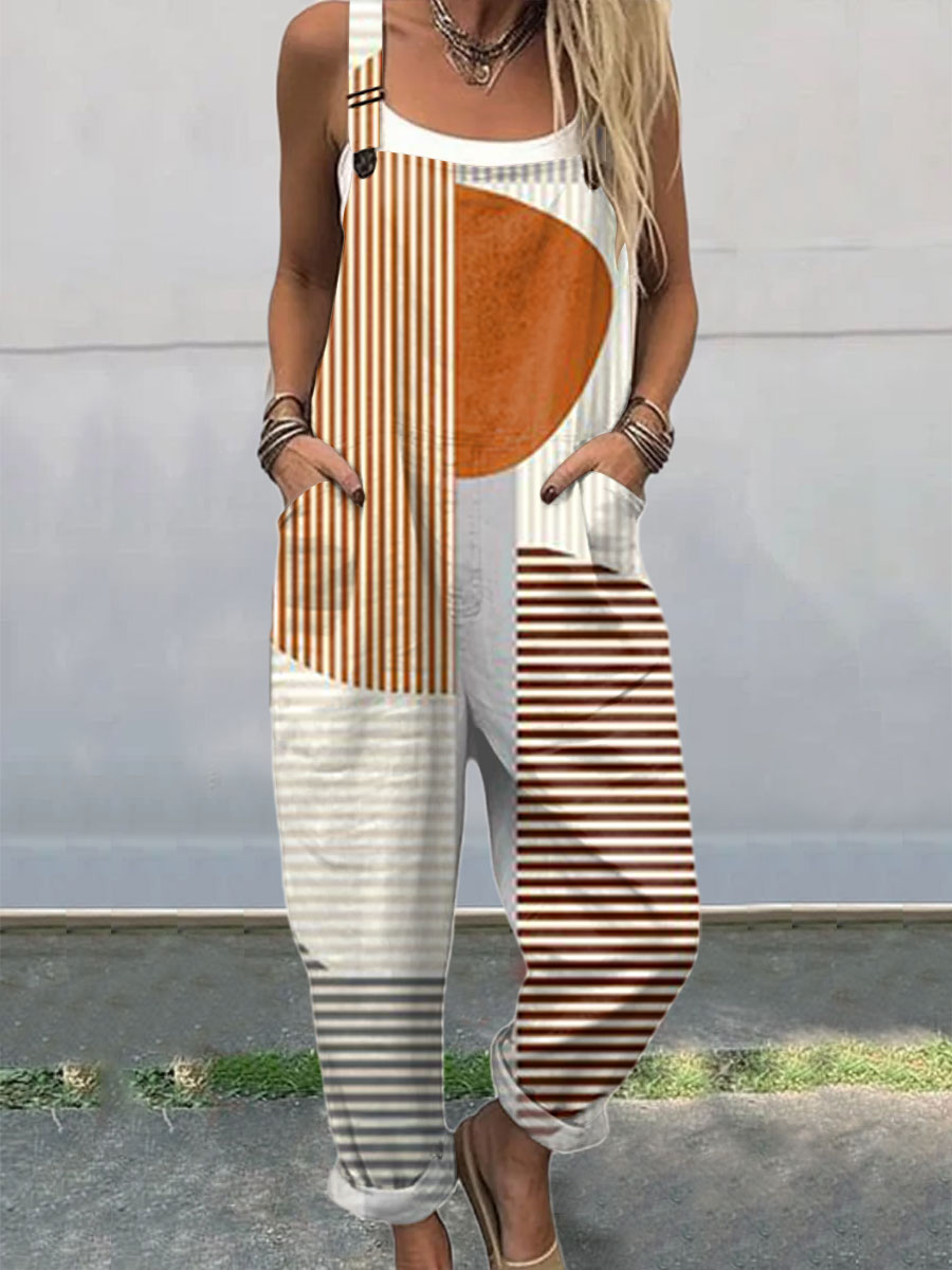 Women's  Vintage Abstract Geometric Art Print Casual 100% Cotton Wide Leg Jumpsuit