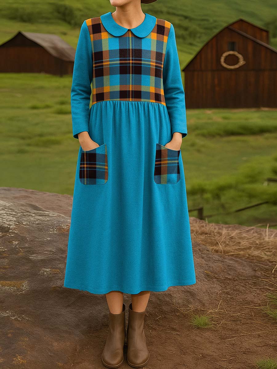 Blue Plaid Decorative Pattern Cotton Lapel Button-Down Shirt Dress