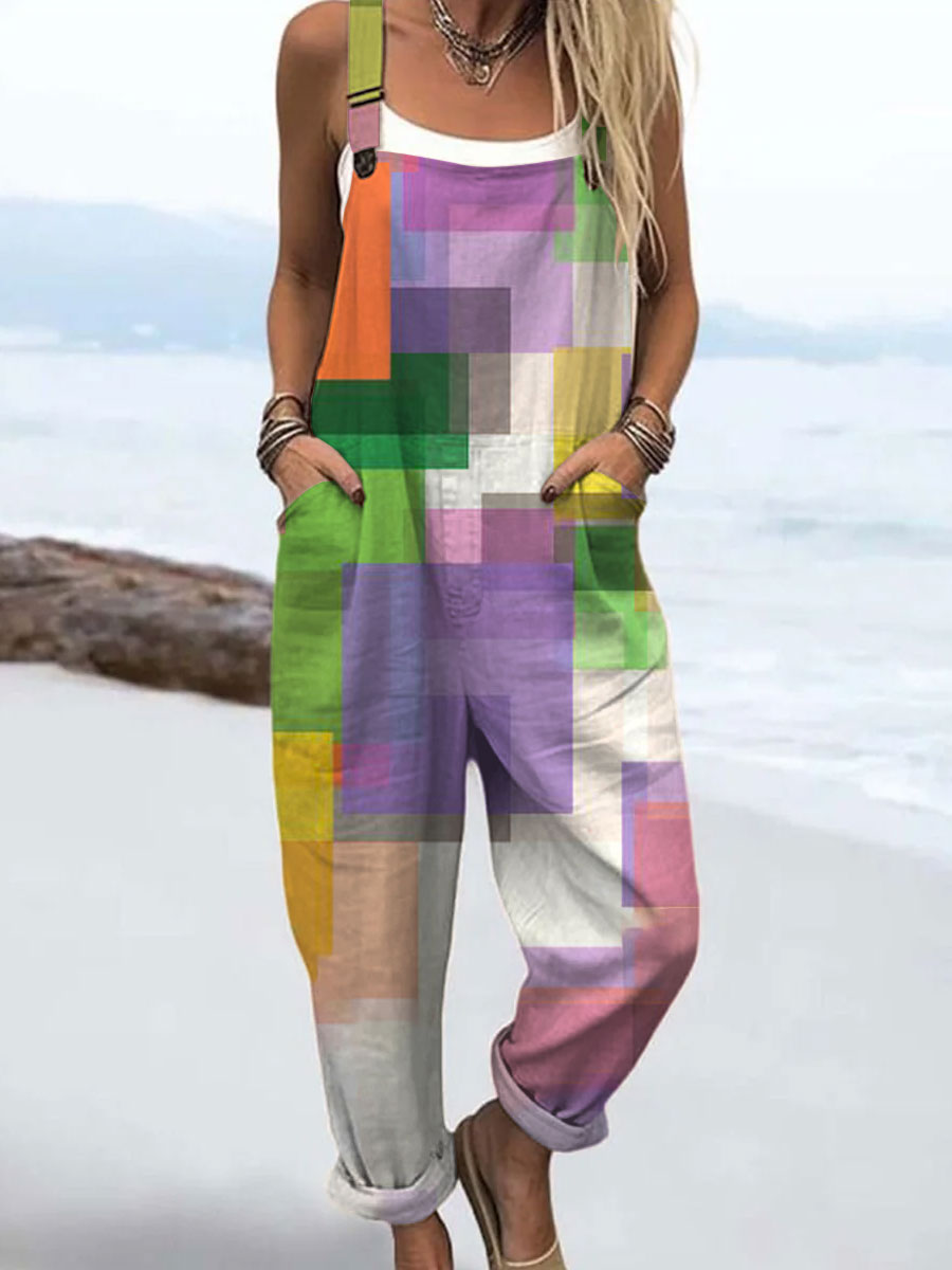 Women's  Vintage Abstract Geometry Art Print Casual 100% Cotton Wide Leg Jumpsuit
