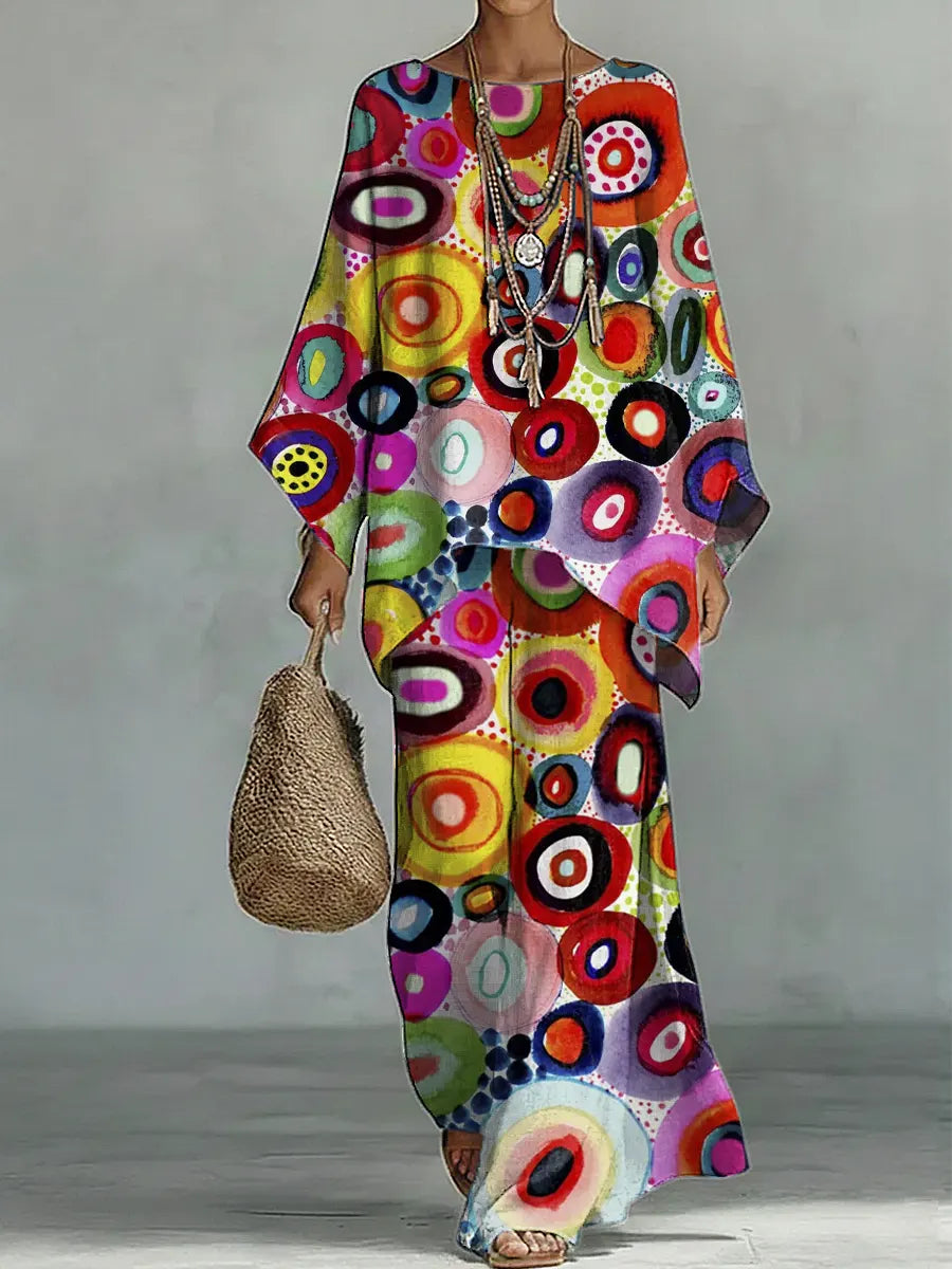 Women's Abstract Art Comfortable Loose Cotton Linen Wide-leg Pants Two-piece Set