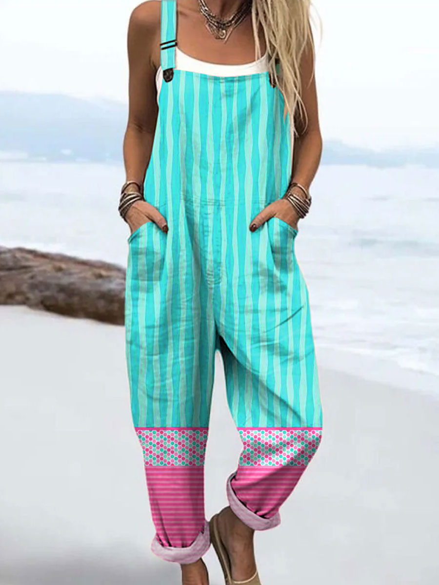 Women's Colorful Abstract Stripes Art Print Casual 100% Cotton Wide Leg Jumpsuit